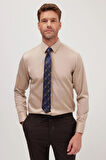 Slim Fit Bej Non-Iron %100 Pamuk Doğa Dostu Ekoteks Belgeli Ütü Gerektirmez Gömlek