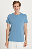 Unisex Slim Fit Dar Kesim %100 Pamuk Yumuşak Dokulu Mavi Bisiklet Yaka Tişört