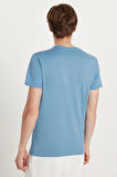 Unisex Slim Fit Dar Kesim %100 Pamuk Yumuşak Dokulu Mavi Bisiklet Yaka Tişört