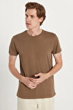 Unisex Slim Fit Dar Kesim %100 Pamuk Yumuşak Dokulu Kahverengi Bisiklet Yaka Tişört