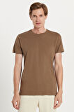 Unisex Slim Fit Dar Kesim %100 Pamuk Yumuşak Dokulu Kahverengi Bisiklet Yaka Tişört