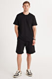 Relax Fit Rahat Kesim %100 Pamuk Özel Tasarım Erkek Siyah Şortlu Eşofman Takım
