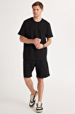 Relax Fit Rahat Kesim %100 Pamuk Özel Tasarım Erkek Siyah Şortlu Eşofman Takım