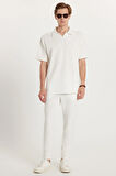 Erkek Standart Fit Normal Kesim Polo Yaka Pamuklu Düz Paça Beyaz Eşofman Takımı