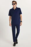 Erkek Standart Fit Normal Kesim Polo Yaka Pamuklu Düz Paça Lacivert Eşofman Takımı