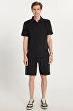 Erkek Standart Fit Normal Kesim Pamuklu Polo Yaka Beli Bağcıklı Siyah Şort Takım