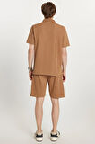 Erkek Standart Fit Normal Kesim Pamuklu Polo Yaka Beli Bağcıklı Kahverengi Şort Takım