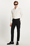 Erkek Slim Fit Dar Kesim Chino Yandan Cepli Pamuklu Siyah Pantolon