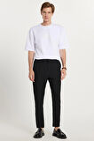 Erkek Slim Fit Dar Kesim Pamuklu Lastikli Beli Bağcıklı Siyah Pantolon