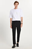 Erkek Slim Fit Dar Kesim Pamuklu Lastikli Beli Bağcıklı Siyah Pantolon