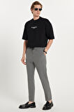 Erkek Slim Fit Dar Kesim Pamuklu Lastikli Beli Bağcıklı Koyu Gri Pantolon