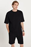 Erkek Standart Fit %100 Pamuk Bisiklet Yaka Beli Bağcıklı Siyah Şort Takım