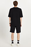 Erkek Standart Fit %100 Pamuk Bisiklet Yaka Beli Bağcıklı Siyah Şort Takım