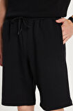 Erkek Standart Fit %100 Pamuk Bisiklet Yaka Beli Bağcıklı Siyah Şort Takım