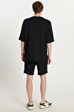 Erkek Oversize Geniş Kesim Bisiklet Yaka Gofre Kumaş Beli Bağcıklı Siyah Şort Takım