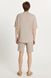 Erkek Oversize Geniş Kesim Bisiklet Yaka Gofre Kumaş Beli Bağcıklı Taş Renk Şort Takım