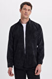 Erkek Regular Fit Rahat Kesim Fitilli Kadife Görünüm Düğmeli Yaka Siyah Ceket Gömlek
