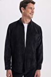 Erkek Regular Fit Rahat Kesim Fitilli Kadife Görünüm Düğmeli Yaka Siyah Ceket Gömlek