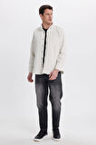 Erkek Regular Fit Rahat Kesim Fitilli Kadife Görünüm Düğmeli Yaka Krem Rengi Ceket Gömlek