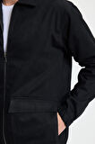 Erkek Relax Fit Rahat Kesim Çift Cep Kapaklı Fermuarlı Beli Lastikli Düz Siyah Ceket Mont Gömlek