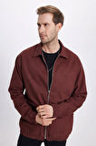 Erkek Relax Fit Rahat Kesim Çift Cep Kapaklı Fermuarlı Beli Lastikli Düz Bordo Ceket Mont Gömlek