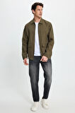 Erkek Relax Fit Rahat Kesim Çift Cep Kapaklı Fermuarlı Beli Lastikli Düz Haki Ceket Mont Gömlek