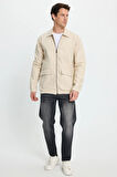 Erkek Relax Fit Rahat Kesim Çift Cep Kapaklı Fermuarlı Beli Lastikli Düz Bej  Ceket Mont Gömlek