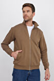 Unisex Relax Fit Rahat Kesim Pamuklu İçi Polarlı Fermuarlı Kahverengi Dik Yaka Flato Cep Sweatshirt Hırka