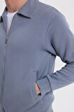 Unisex Relax Fit Rahat Kesim Pamuklu İç Polarlı Fermuarlı Gri Polo Yaka Flato Cepli Sweatshirt Hırka