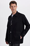 Erkek Relax Fit Rahat Kesim %100 Pamuk Çift Cepli Fermuarlı Siyah Mont Gömlek