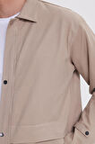 Erkek Relax Fit Rahat Kesim %100 Pamuk Çift Cepli Fermuarlı Bej Mont Gömlek