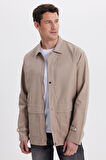 Erkek Relax Fit Rahat Kesim %100 Pamuk Çift Cepli Fermuarlı Bej Mont Gömlek