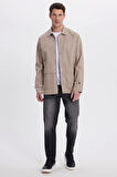 Erkek Relax Fit Rahat Kesim %100 Pamuk Çift Cepli Fermuarlı Bej Mont Gömlek