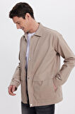 Erkek Relax Fit Rahat Kesim %100 Pamuk Çift Cepli Fermuarlı Bej Mont Gömlek