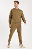Erkek Relax Fit Pamuklu 3 İplik Yumuşak Dokulu İçi Polarlı Bisiklet Yaka Haki Eşofman Takımı