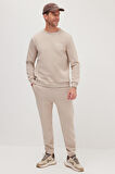 Erkek Relax Fit Pamuklu 3 İplik Yumuşak Dokulu İçi Polarlı Bisiklet Yaka Bej Eşofman Takımı