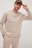 Erkek Relax Fit Pamuklu 3 İplik Yumuşak Dokulu İçi Polarlı Bisiklet Yaka Bej Eşofman Takımı