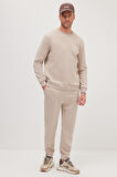 Erkek Relax Fit Pamuklu 3 İplik Yumuşak Dokulu İçi Polarlı Bisiklet Yaka Bej Eşofman Takımı