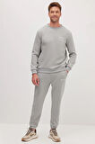 Erkek Relax Fit Pamuklu 3 İplik Yumuşak Dokulu İçi Polarlı Bisiklet Yaka Gri Eşofman Takımı