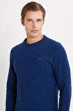 Erkek Slim Fit Dar Kesim Pamuklu Selanik Kumaş Bisiklet Yaka İndigo Sweatshirt