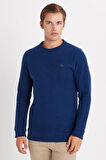 Erkek Slim Fit Dar Kesim Pamuklu Selanik Kumaş Bisiklet Yaka İndigo Sweatshirt