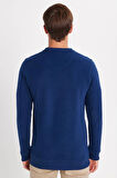 Erkek Slim Fit Dar Kesim Pamuklu Selanik Kumaş Bisiklet Yaka İndigo Sweatshirt