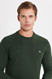 Erkek Slim Fit Dar Kesim Pamuklu Selanik Kumaş Bisiklet Yaka Yeşil Sweatshirt