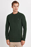 Erkek Slim Fit Dar Kesim Pamuklu Selanik Kumaş Bisiklet Yaka Yeşil Sweatshirt