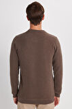 Erkek Slim Fit Dar Kesim Pamuklu Selanik Kumaş Bisiklet Yaka Kahverengi Sweatshirt