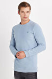 Erkek Slim Fit Dar Kesim Pamuklu Selanik Kumaş Bisiklet Yaka Mavi Sweatshirt