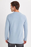 Erkek Slim Fit Dar Kesim Pamuklu Selanik Kumaş Bisiklet Yaka Mavi Sweatshirt