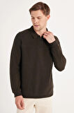 Erkek Standart Fit Pamuklu Selanik Kumaş Yarım Fermuarlı Polo Yaka Baskılı Kahverengi Sweatshirt