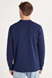 Erkek Standart Fit Pamuklu Bisiklet Yaka Şardonlu Baskılı İndigo Sweatshirt