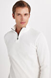 Erkek Slim Fit Dar Kesim Pamuklu Yarım Fermuarlı Dik Yaka Beyaz Sweatshirt